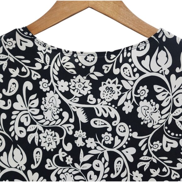Isadora Dress Sz 8 Black White Paisley V Neck Jersey Knit Flare Midi Stretch - Picture 6 of 9
